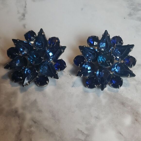 Blue Faux Rhinestone Clip on Earrings - Picture 1 of 11